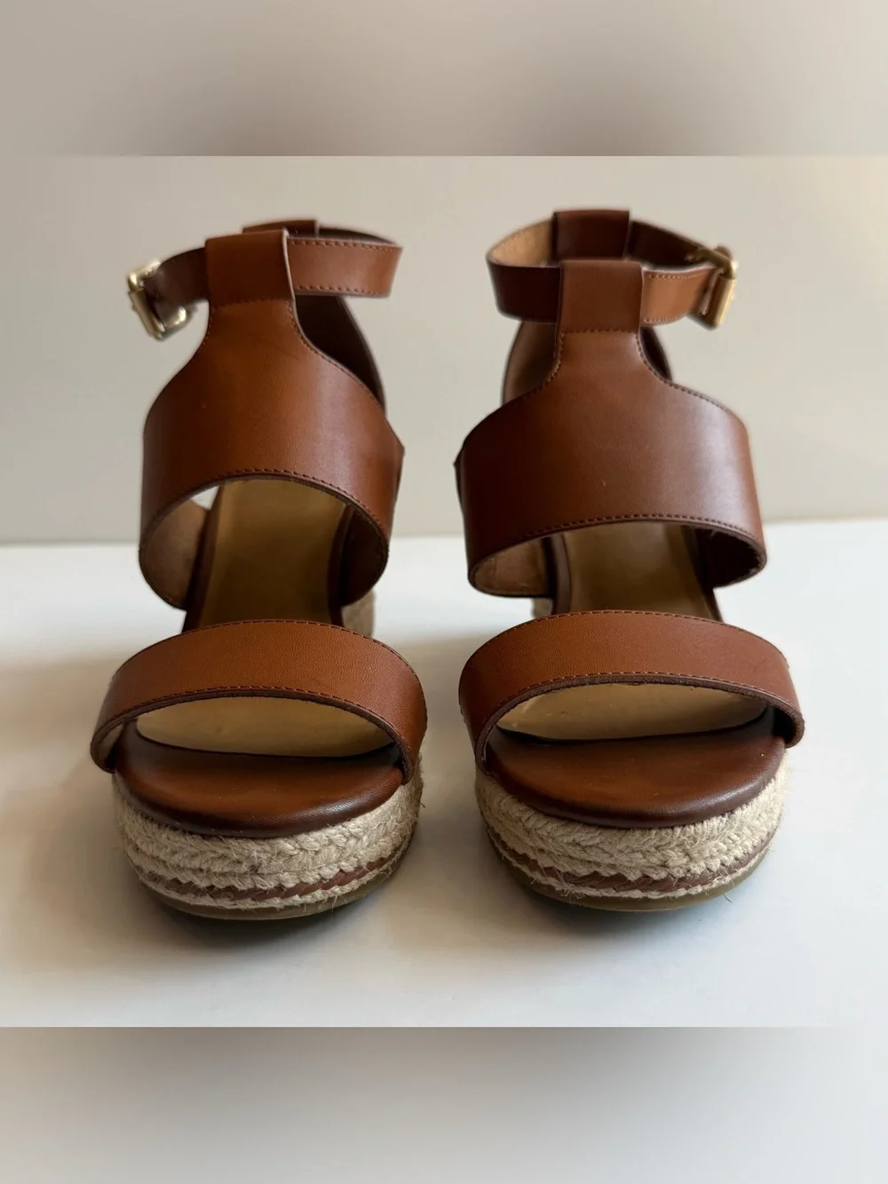GH Bass & Co Bass Cody Women’s 7.5 M Espadrille Wedge Sandal Faux Leather Cognac